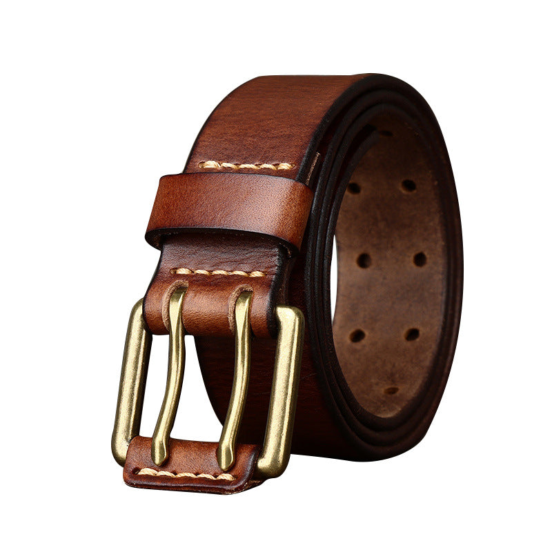 Men's First Layer Cowhide Vintage Brass Buckle Belt 