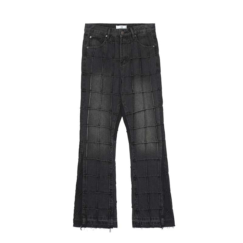 Patchwork Checked Raw Edge Jeans Men's Loose Straight Leg Pants