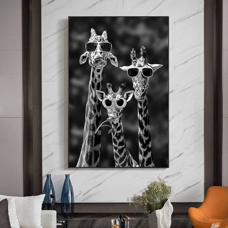 Funny Art Giraffes With Sunglasses Posters Black And White Animals Canvas Paintings