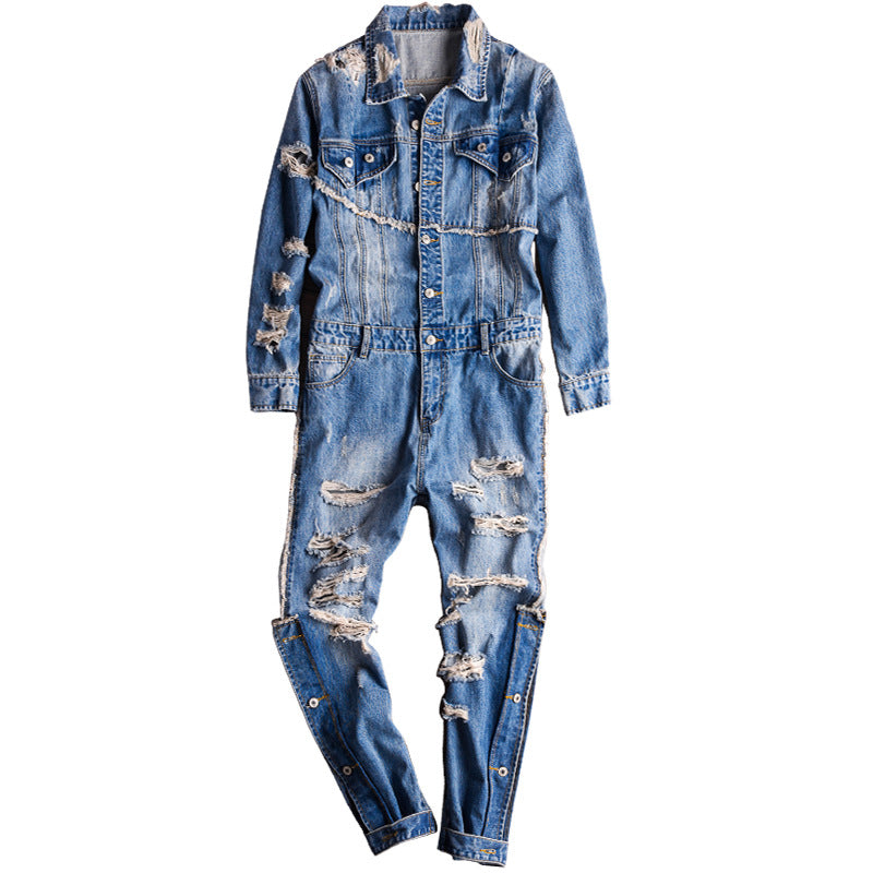 Men's Denim Hip Hop Ripped Wash Cargo Jumpsuit