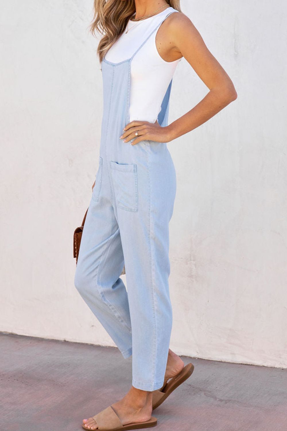 Spaghetti Strap Denim Overalls with Pockets 