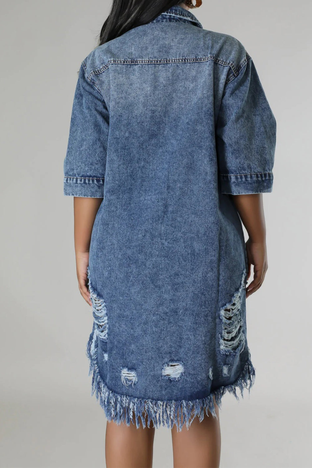 Distressed Raw Hem Button Up Denim Dress 