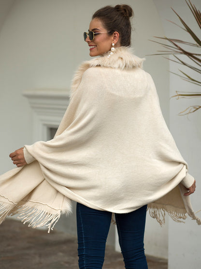 Fringe Open Front Long Sleeve Poncho 