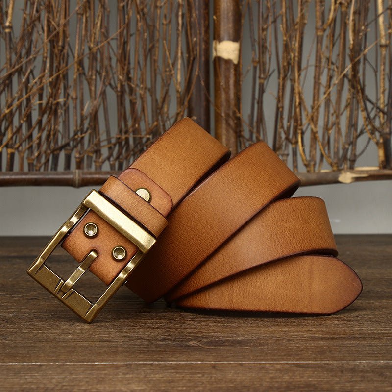 Retro Washed Matte Top-grain Leather Brass Buckle Belt 