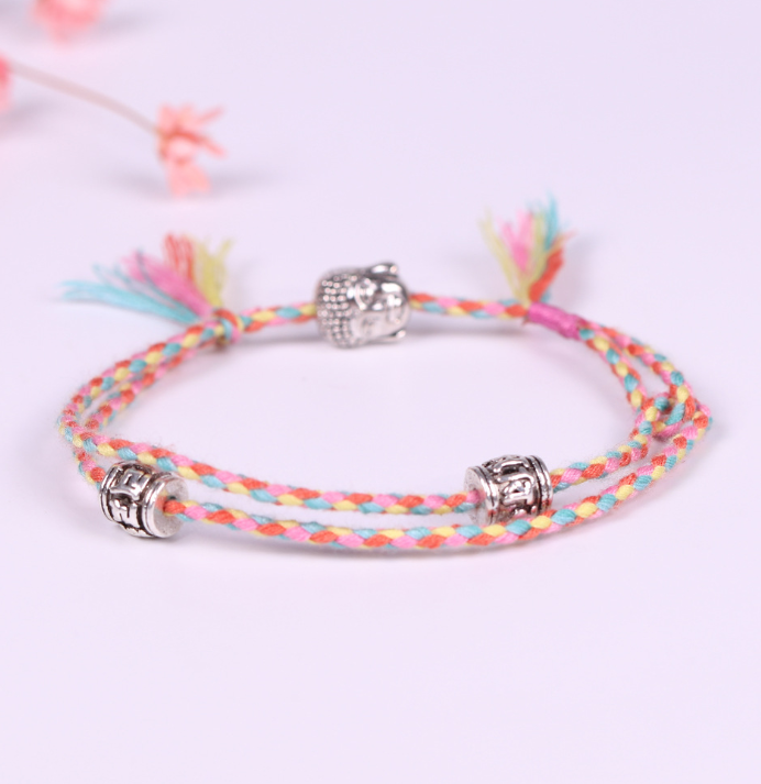 Hand-woven colorful lucky rope bracelet adjustable silver Buddha head double simple bracelet