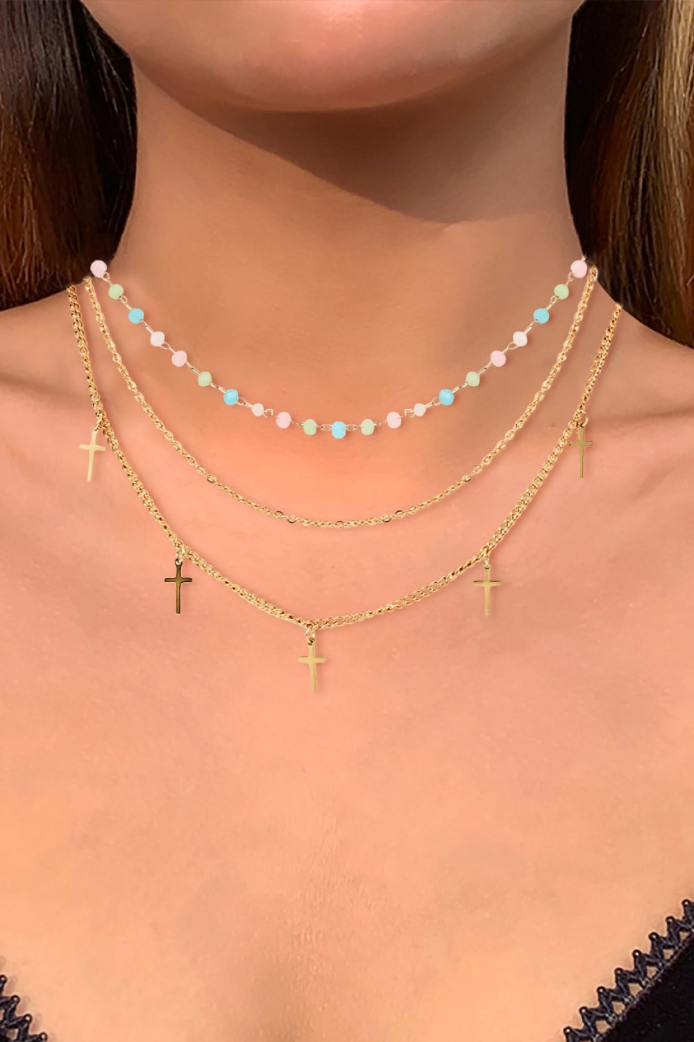 18K Gold Plated Cross Pendant Triple-Layered Necklace 