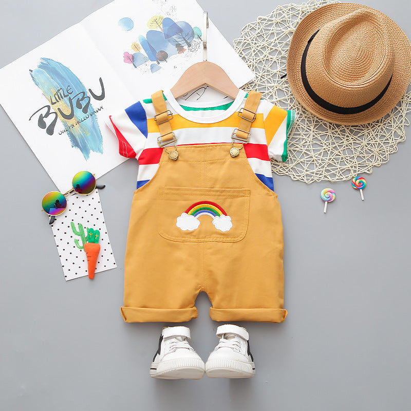 Two Large Striped Round Neck Short-Sleeved Rainbow Suspenders Shorts