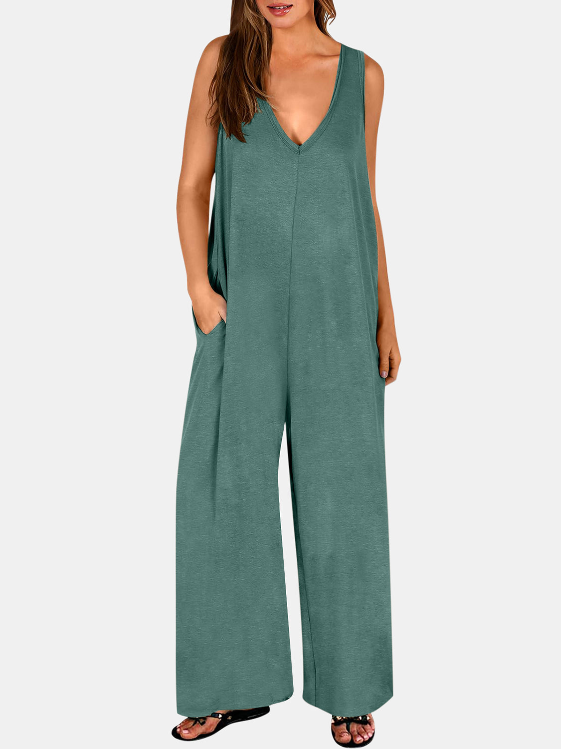 Full Size V-Neck Wide Strap Jumpsuit - Babbazon New Products