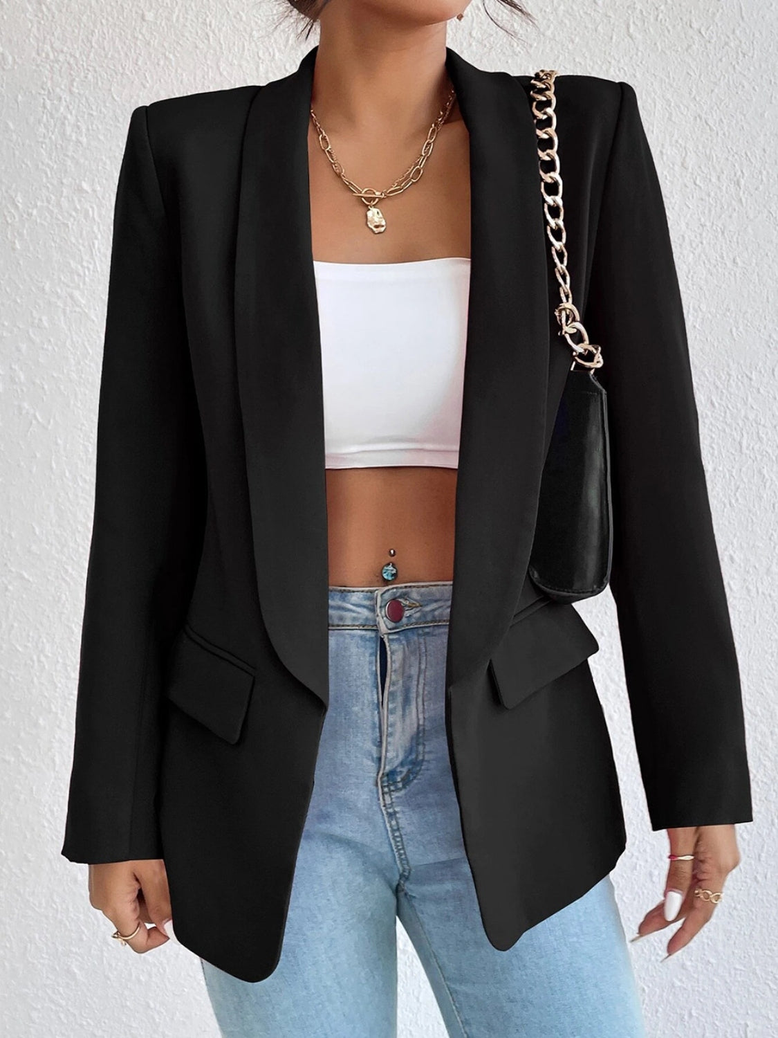 Shawl Collar Long Sleeve Blazer - Babbazon