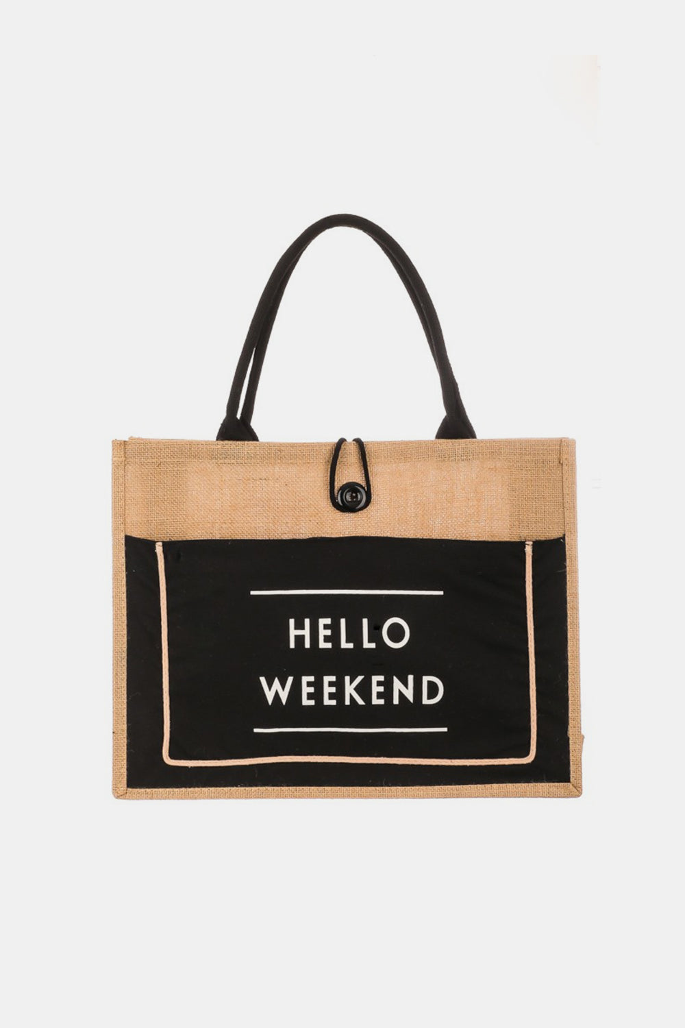 Fame Hello Weekend Burlap Tote Bag 