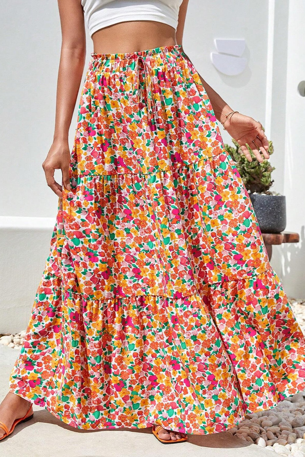 Printed Elastic Waist Maxi Skirt 