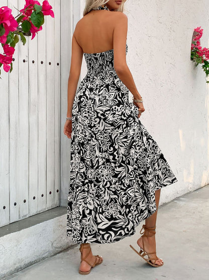 Perfee Backless Smocked Printed Sleeveless Midi Dress