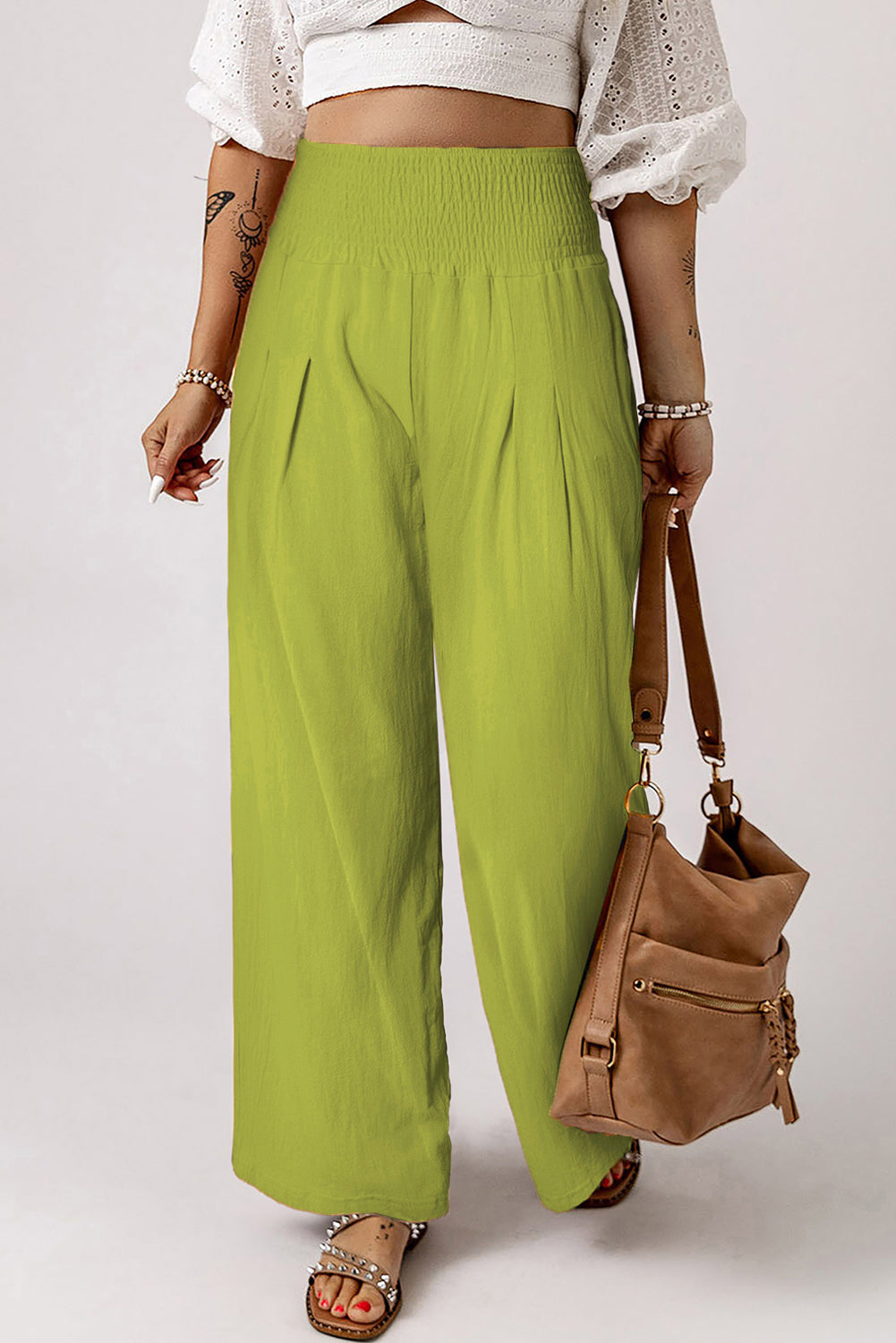 Smocked High Waist Wide Leg Pants - Babbazon