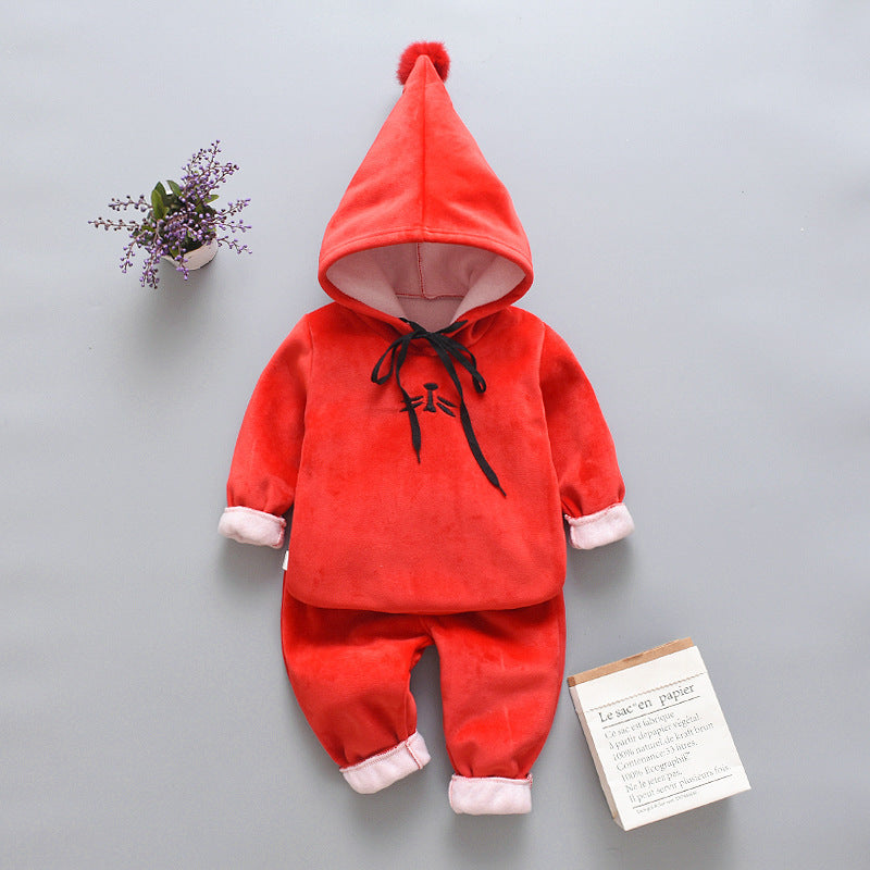 Children's Bear Hooded Two-piece Gold Velvet Set