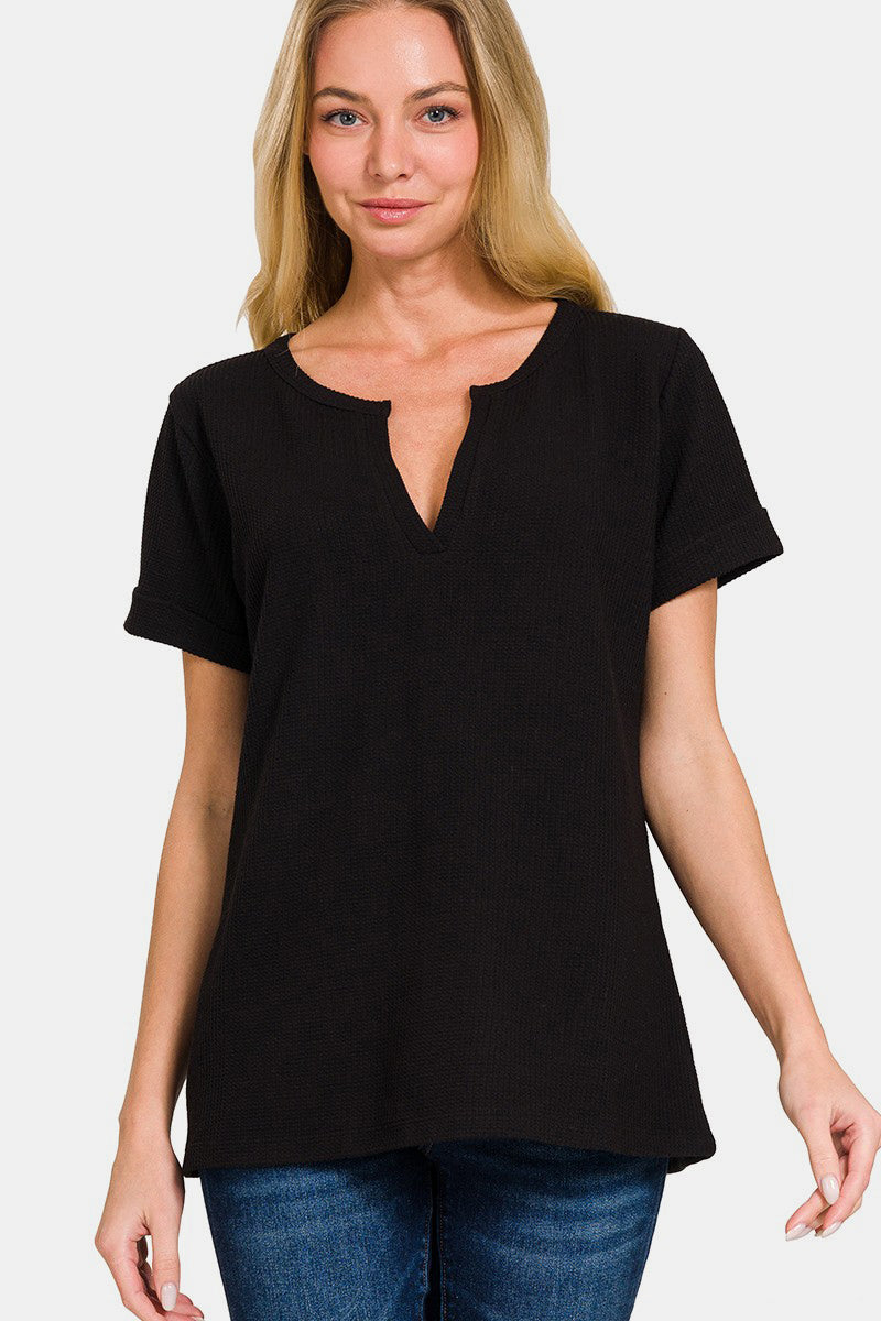 Zenana Notched Short Sleeve Waffle T-Shirt 