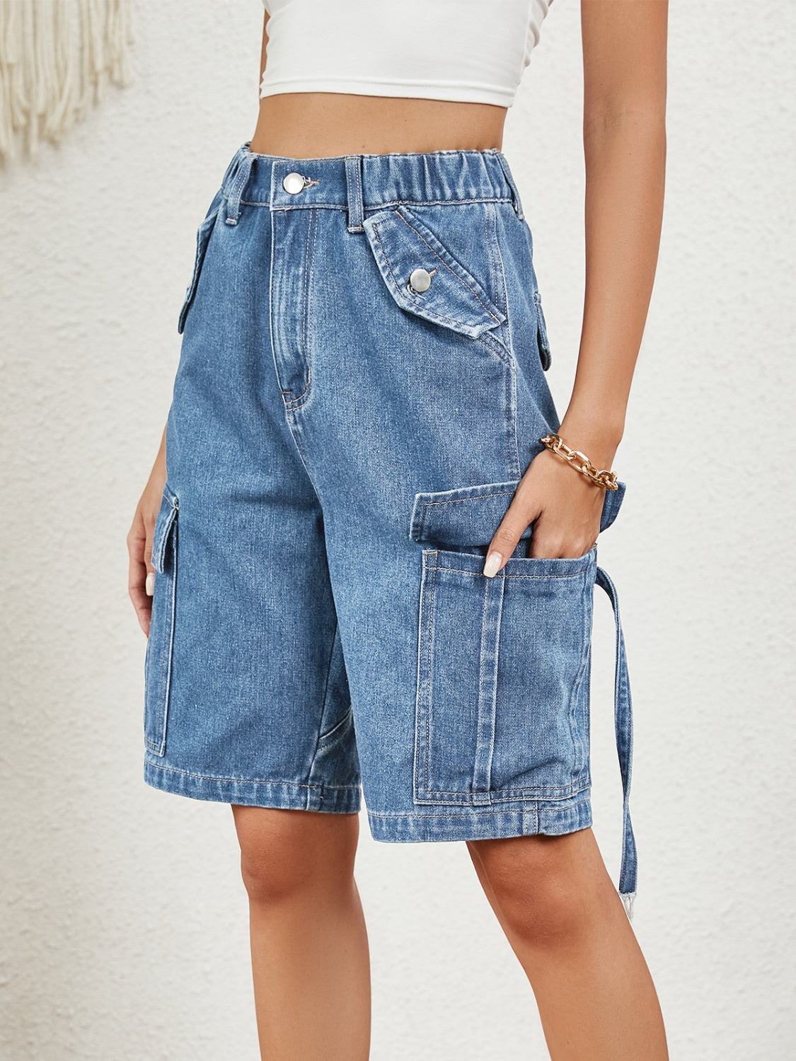 High Waist Denim Shorts with Pockets 