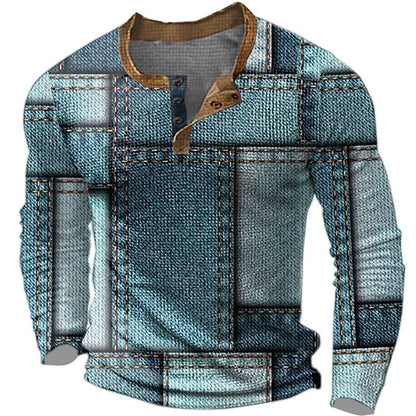 European And American Printed Three-button Long-sleeved Pullover