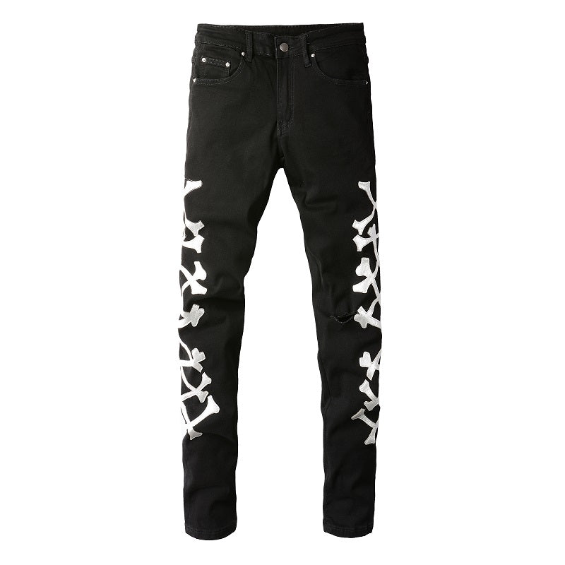 Men's Black Stretch Slim-Fit Jeans With Silver Bone Cutter