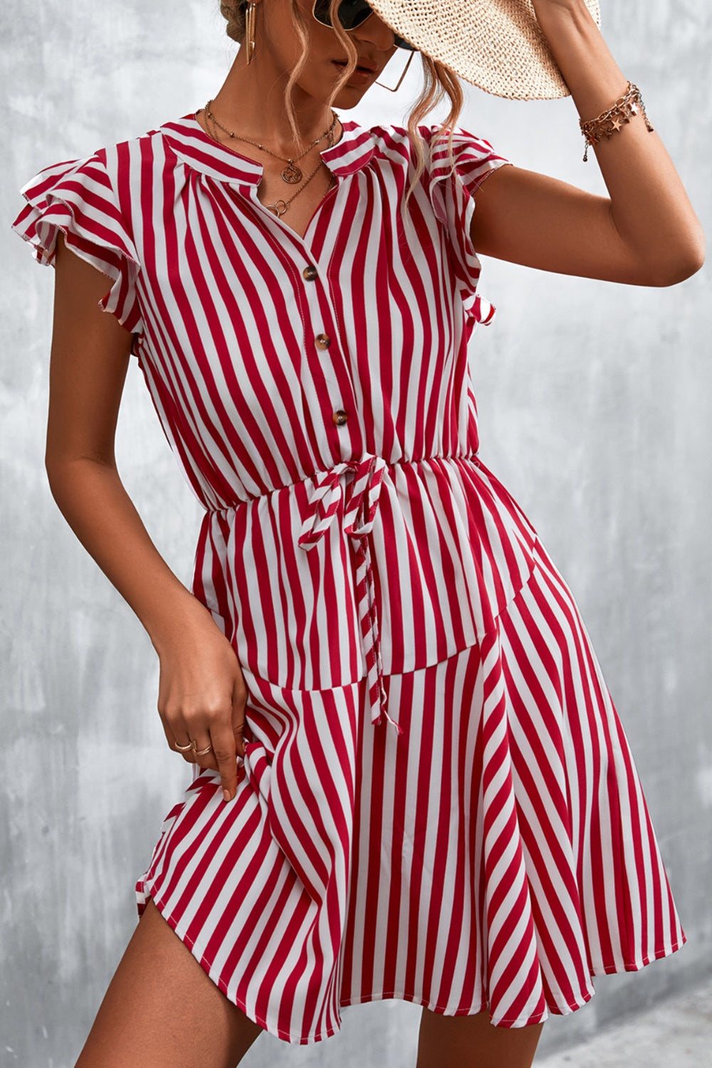 Ruffled Striped Cap Sleeve Mini Dress 