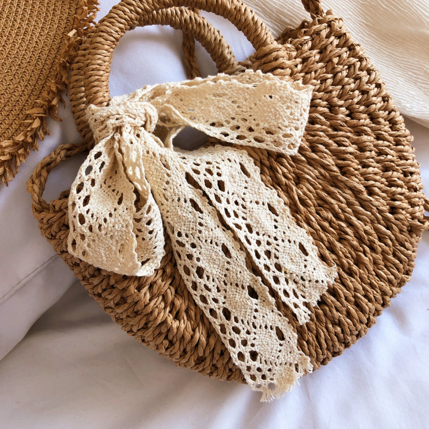 Drawstring Straw Braided Crossbody Bag 