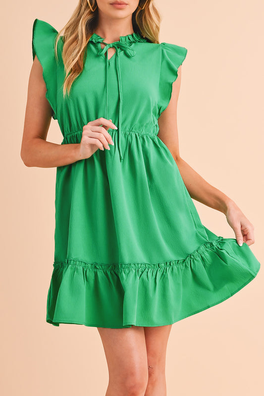 Bright Green Split V Neck Elastic Waist Ruffled Mini Dress - Babbazon Short Dresses