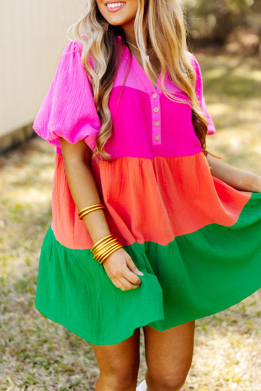 Multicolor Color Block Tiered Puff Sleeve Dress - Babbazon Short Dresses