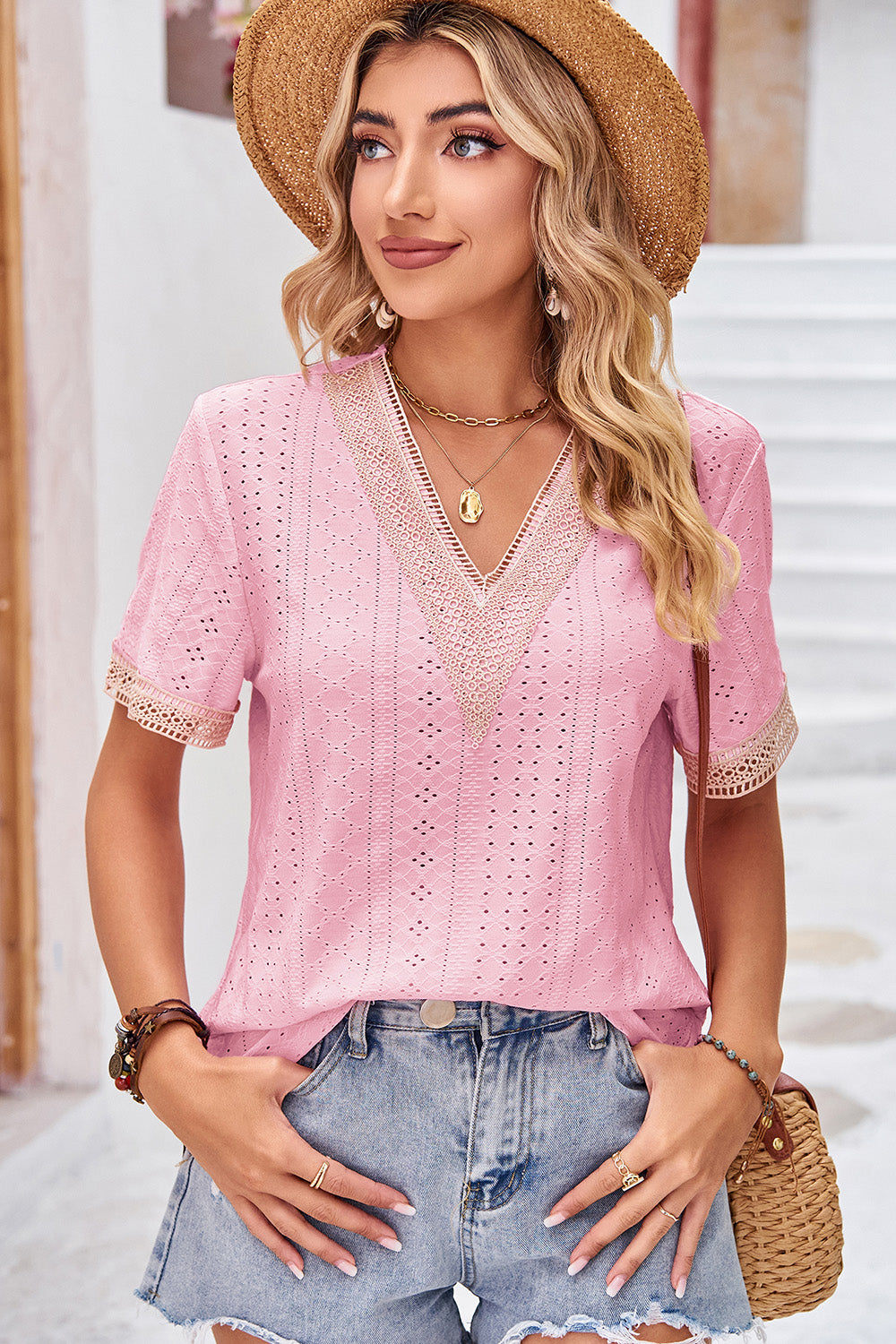 Eyelet V-Neck Short Sleeve T-Shirt