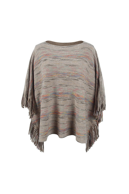 Round Neck Fringe Detail Sleeve Poncho 