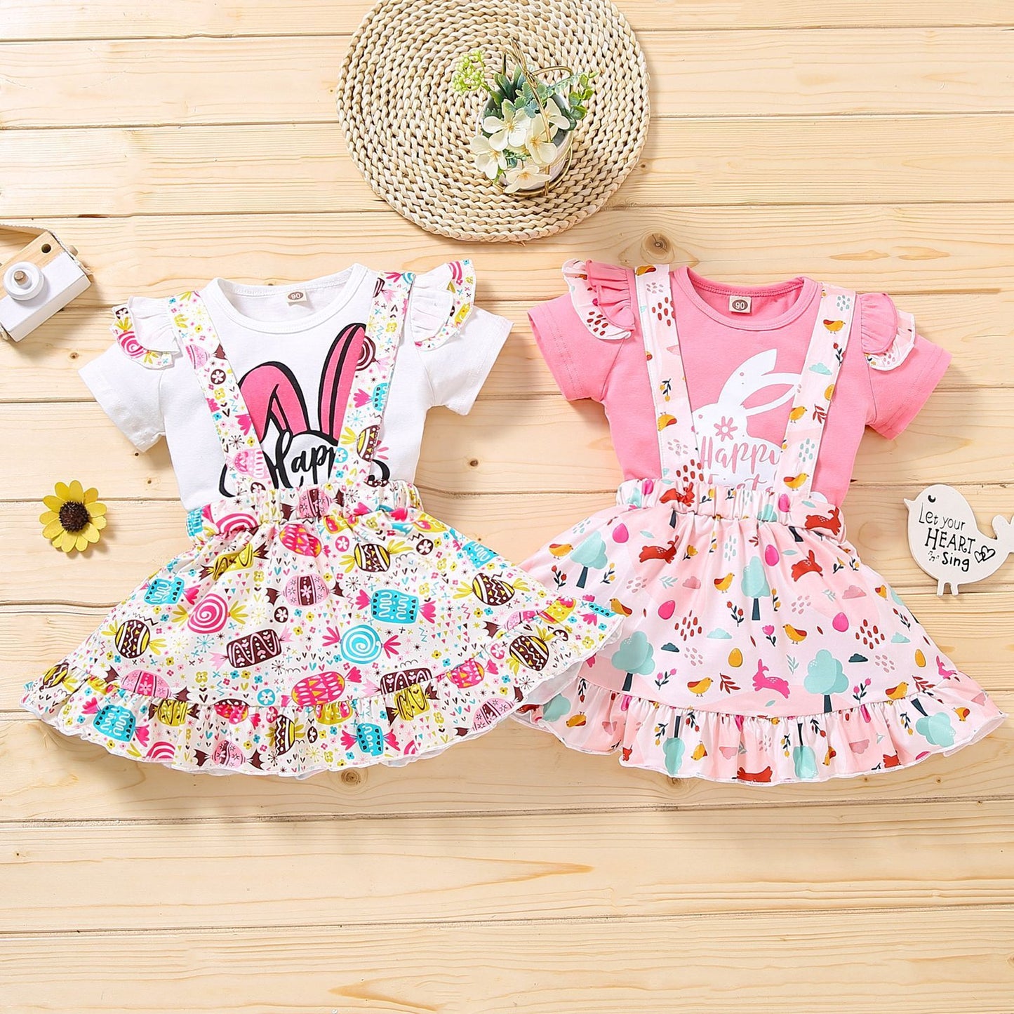 Girls' Rabbit Print Letter Flying Sleeve Skirt