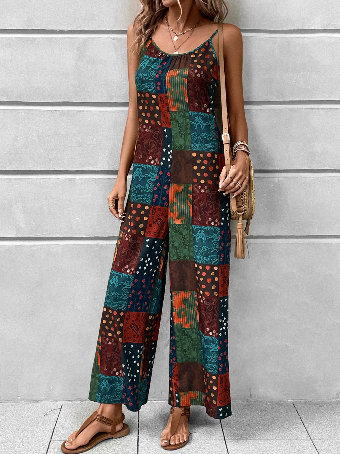 Printed Scoop Neck Spaghetti Strap Jumpsuit 