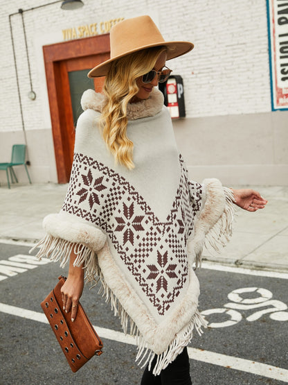 Fringe Geometric Cape Sleeve Poncho 