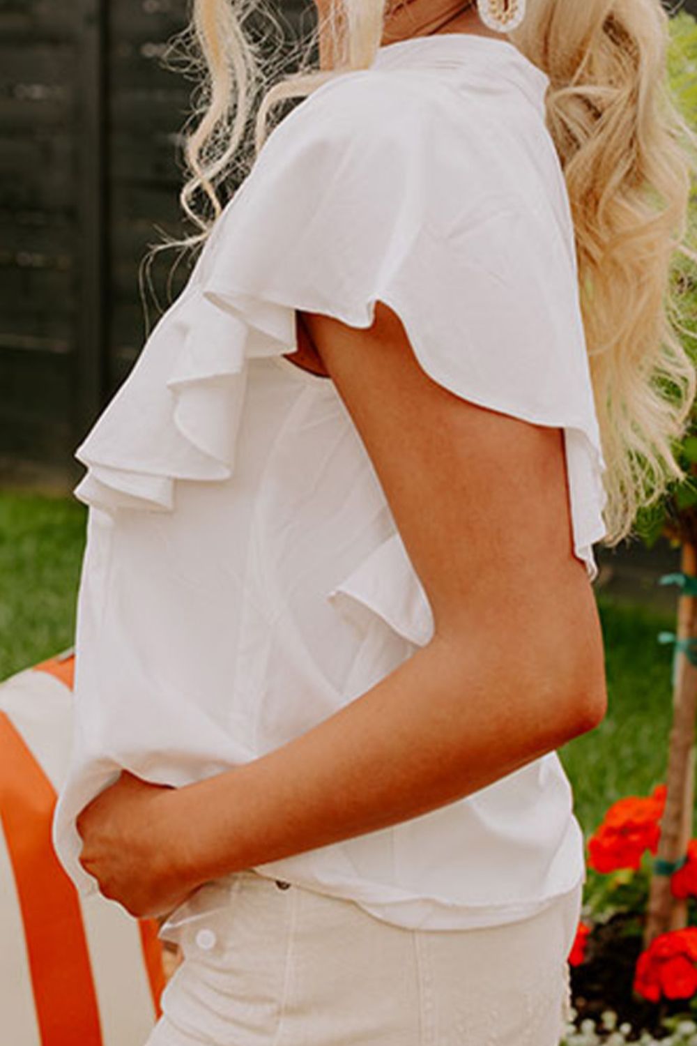 Pleated V-Neck Cap Sleeve Blouse 