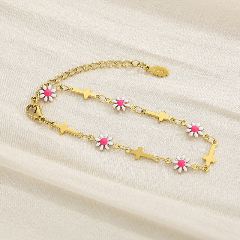 Flower & Cross Stainless Steel Bracelet