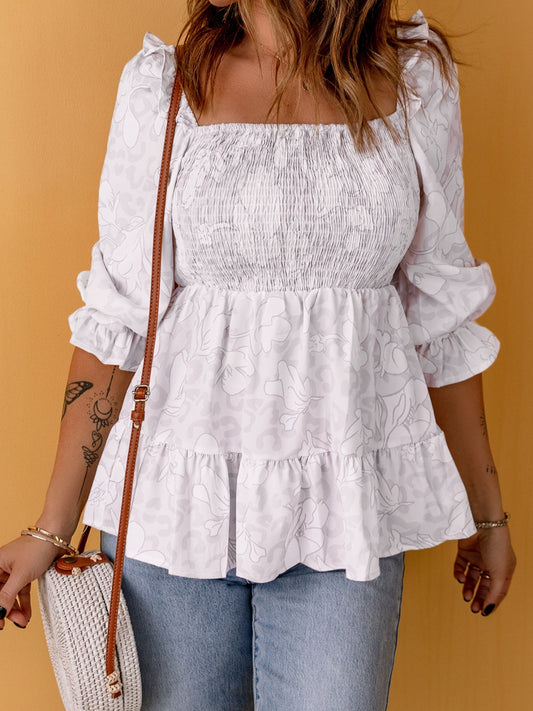 Smocked Square Neck Flounce Sleeve Blouse - Babbazon white clothes