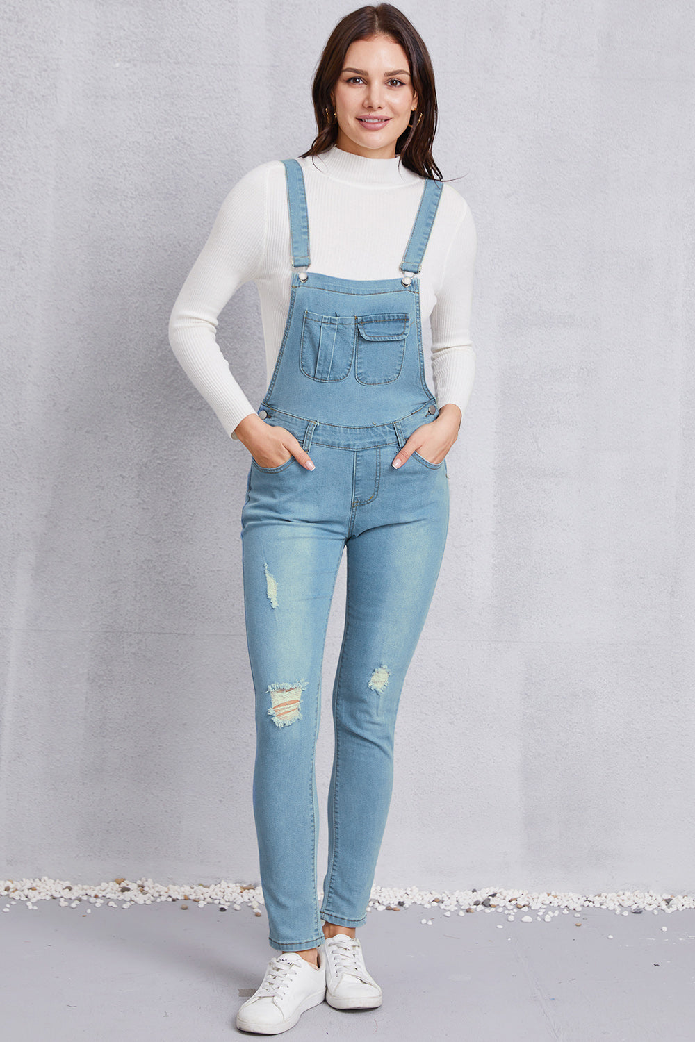 Distressed Washed Denim Overalls with Pockets - Babbazon new
