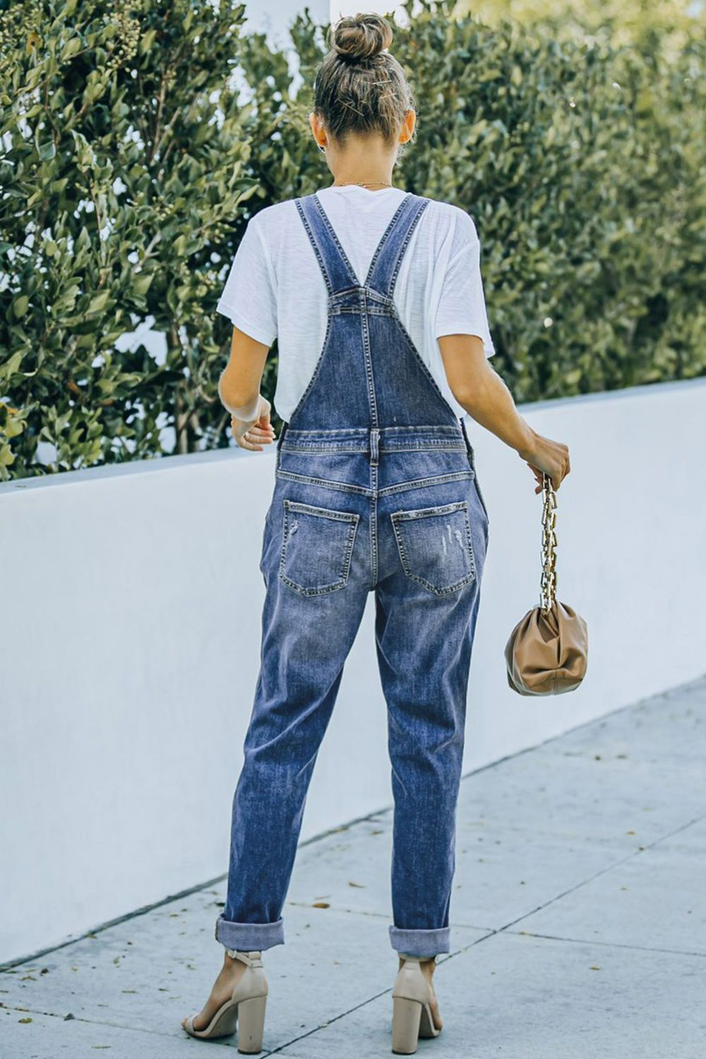 Pocketed Distressed Denim Overalls 