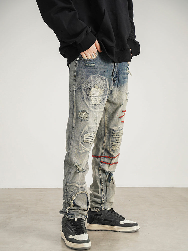 Patched Red Line Straight-leg Jeans