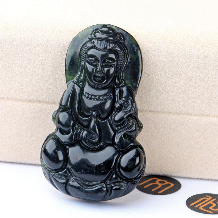 Dark Green Jade Guanyin Buddha Serpentine Black Green Jade Pendant