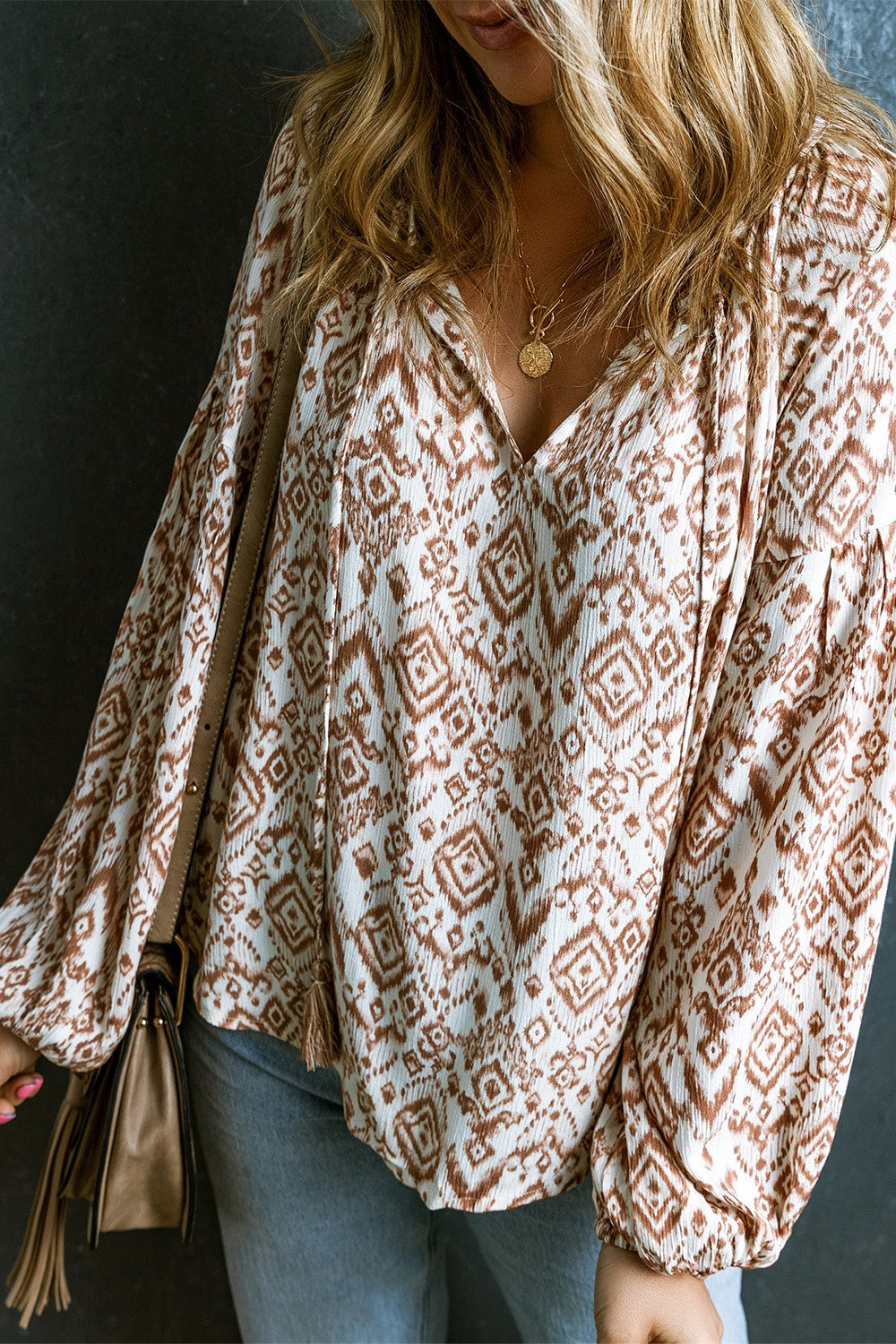 Printed Tie Neck Balloon Sleeve Blouse 