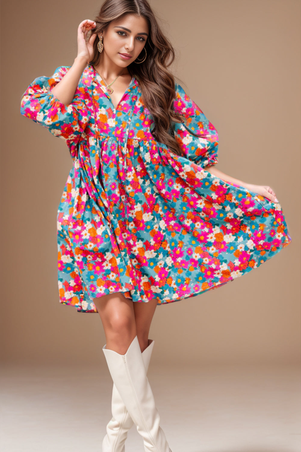 Floral Tie Neck Puff Sleeve Mini Dress - Babbazon new