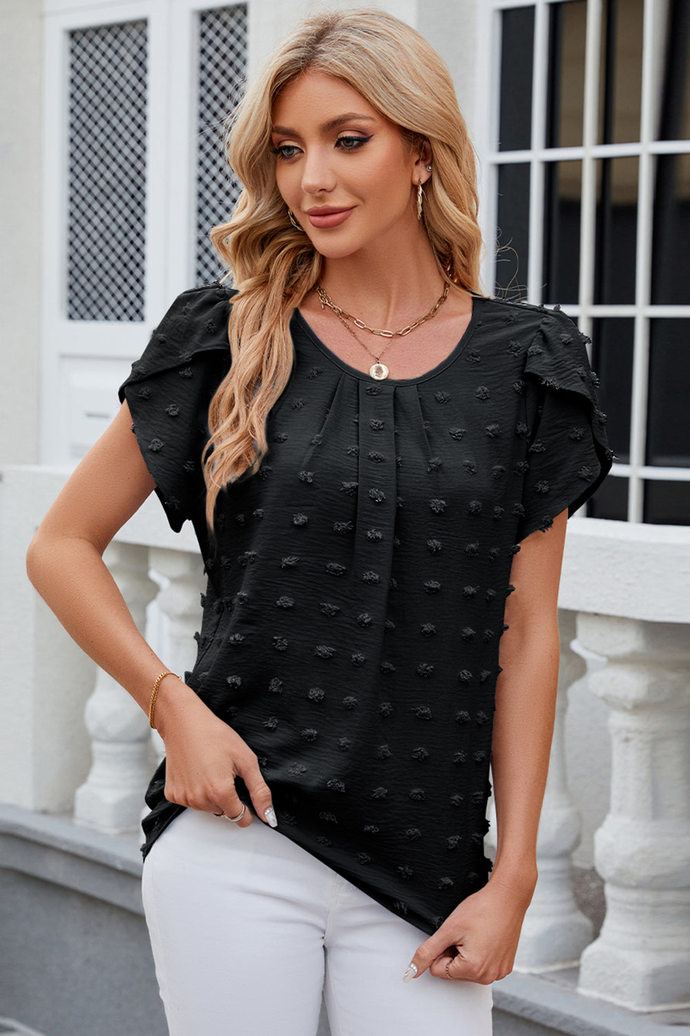 Swiss Dot Round Neck Petal Sleeve Blouse - Babbazon New Products