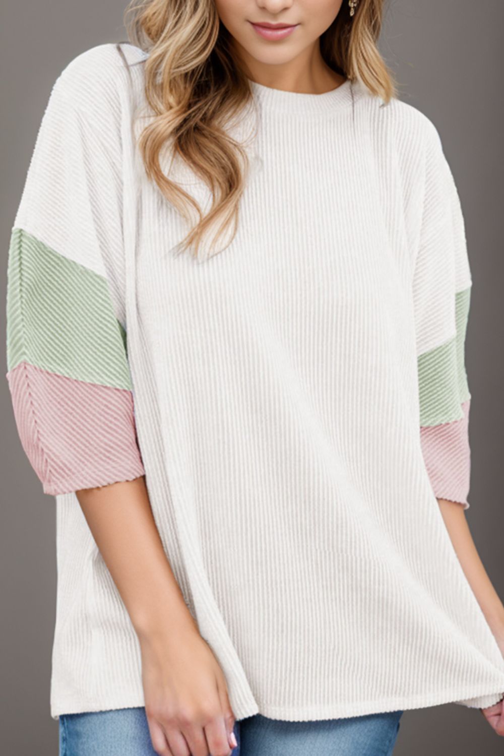 Color Block Round Neck Dropped Shoulder Blouse - Babbazon New Products