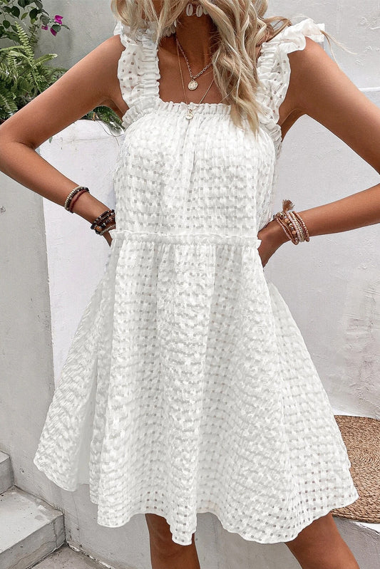 White Ruffle Straps Frill Trim Textured Vacation Dress - Babbazon Short Dresses