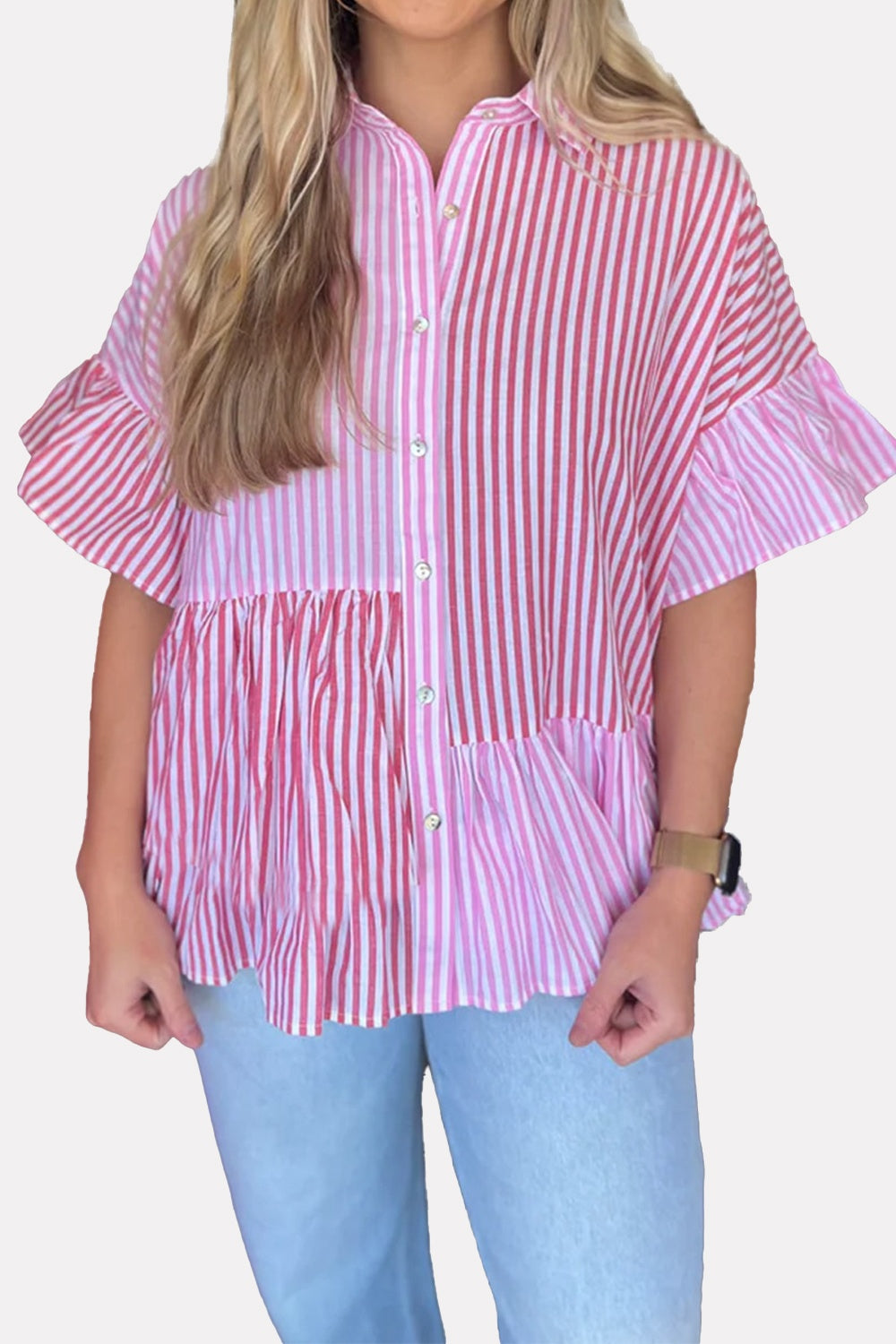 Striped Button Up Flounce Sleeve Shirt - Babbazon new