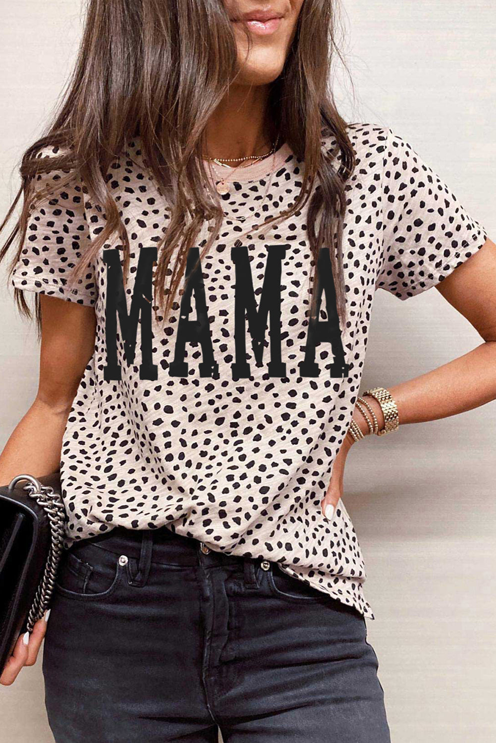 Apricot Leopard MAMA Graphic Crew Neck T Shirt - Babbazon Graphic Tees