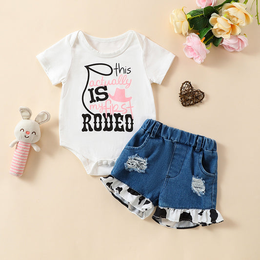 Girls' Summer Casual Suit Short Sleeved Kazakhstan Denim Shorts Two-piece Set