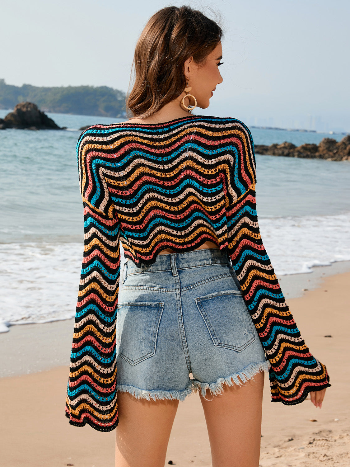 Striped Boat Neck Long Sleeve Cover Up 