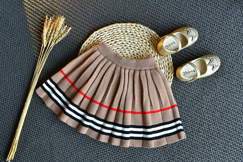 Girls Sweater Knit Striped Pleated Skirt Set