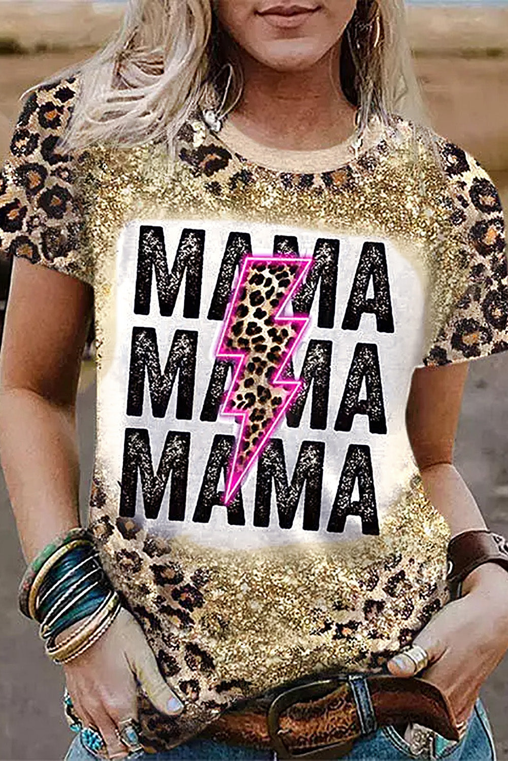 Leopard Dyed MAMA Lightning Graphic T Shirt - Babbazon T Shirts