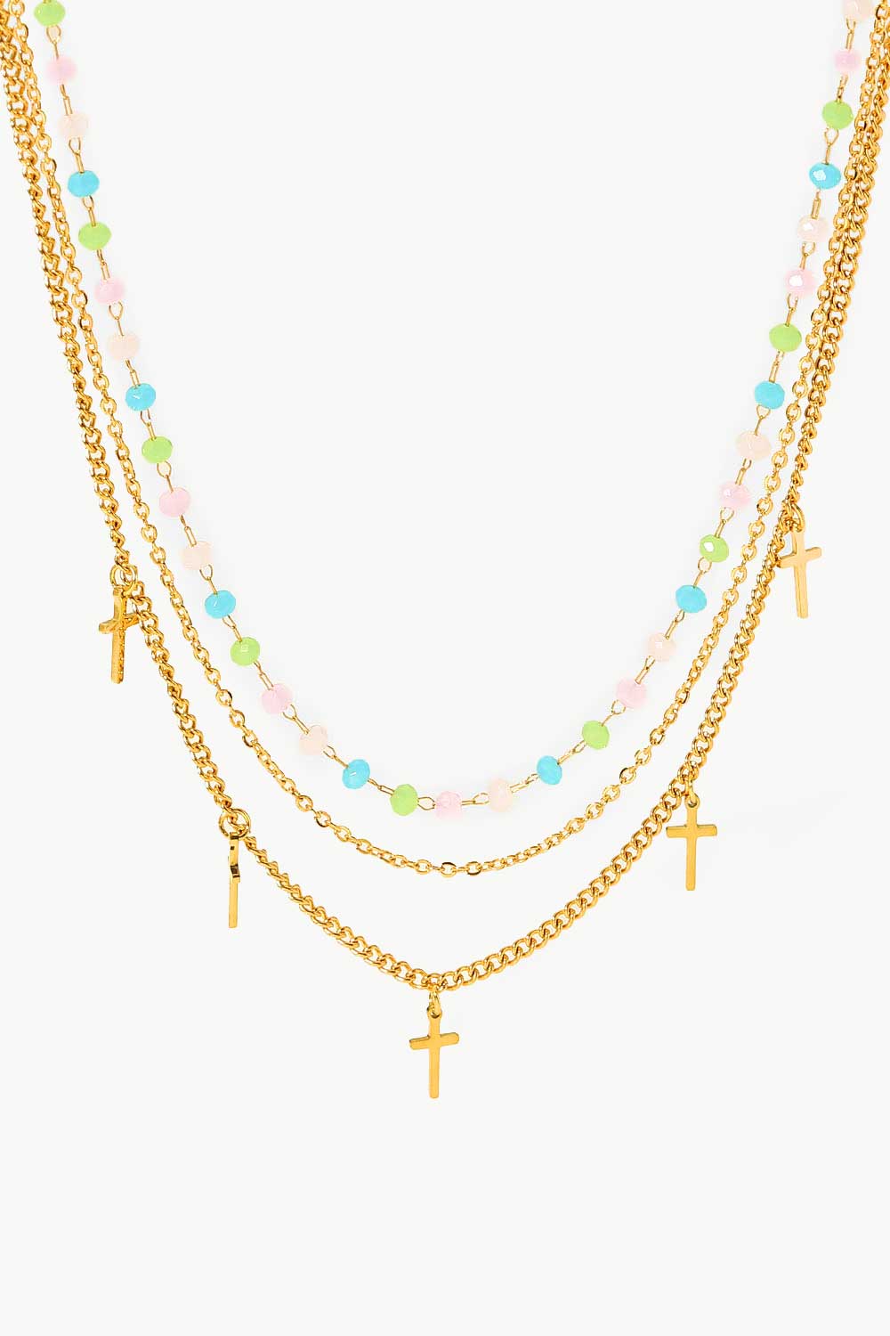 18K Gold Plated Cross Pendant Triple-Layered Necklace 